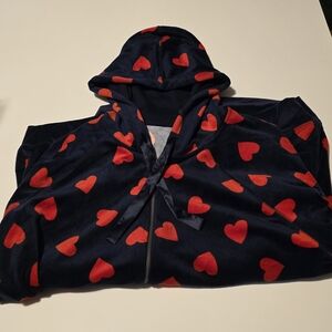 Torrid Blue Red Heart Print Velour Front Full Zip Lounge Hoodie Size 4